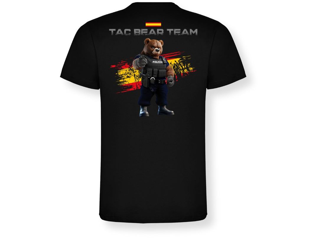 Camiseta táctica TAC Bear Team de la Policía, con ilustración trasera del oso policial y bandera de España. Diseño llamativo, resistente y perfecto para entrenamientos, coleccionistas y amantes del material policial.